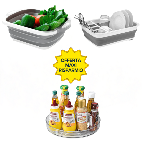 Set di 1 Scolapiatti Pieghevole + 1 Tagliere Multifunzione + 1 Portaspezie Girevole