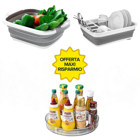 Set di 1 Scolapiatti Pieghevole + 1 Tagliere Multifunzione + 1 Portaspezie Girevole